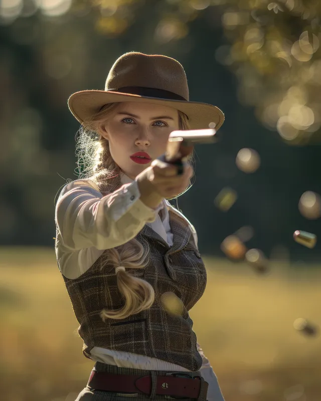 A British female skeet shooter wearing a brimmed hat aims at clay targets with golden dusk bokeh in the background.