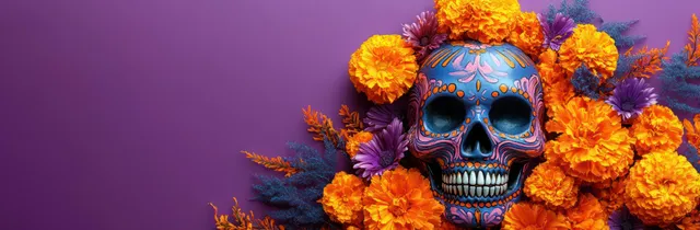 Orange marigold and purple flower arrangement around a small blank square centerpiece.