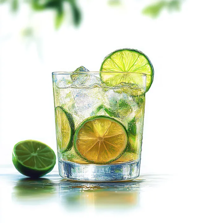Iced lime drink in clear glass with lime slices and wedge on wet reflective surface
