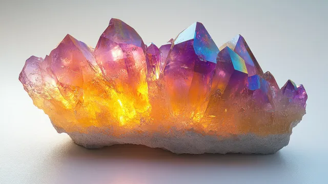 An iridescent crystal gemstone cluster with rainbow prismatic glow on a pale background.