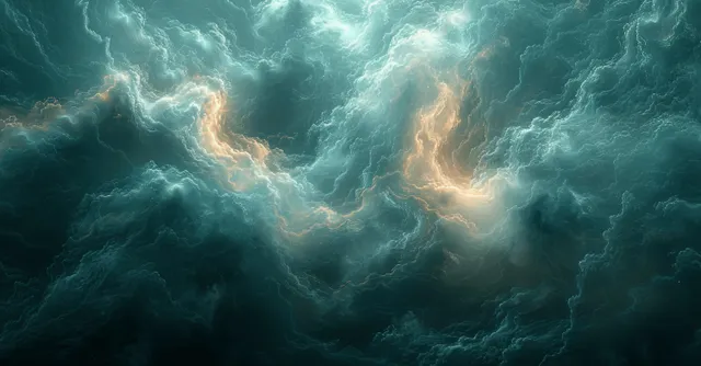 Green and cyan smoke swirls in a dark atmosphere with glowing rays cutting through the mist.