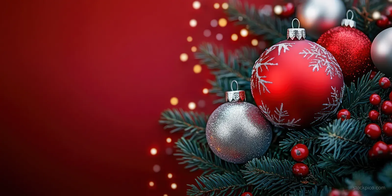 Red and silver Christmas ornaments sit on evergreen spruce branches with glowing lights in the background.