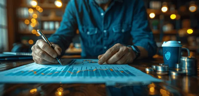 Accountant hands write numbers beside a calculator and documents on a desk with a laptop and office lights behind.