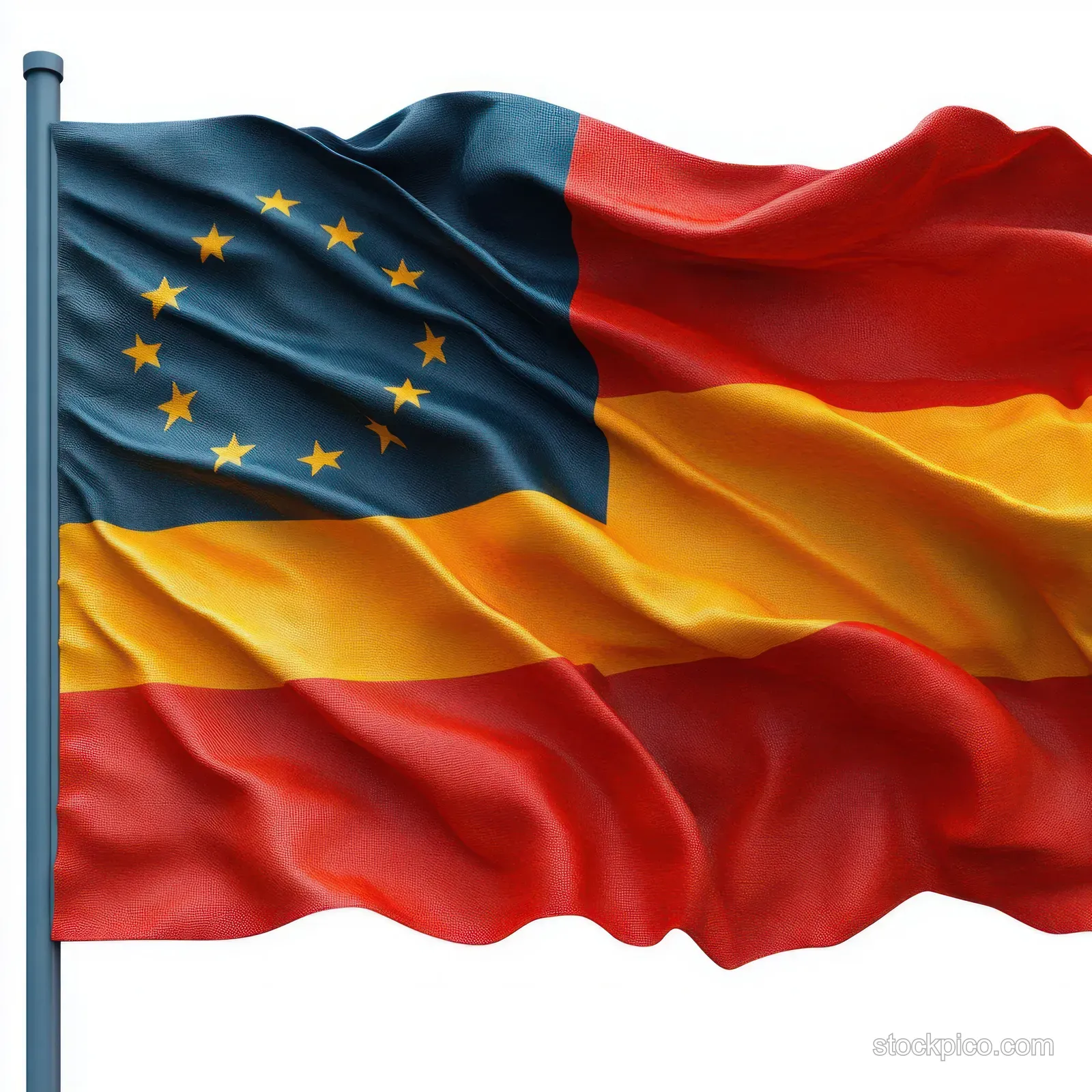 A waving flag on a pole shows a blue field with gold stars and red-yellow horizontal stripes.