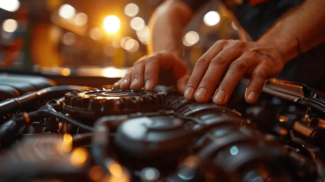 Mechanic checks car engine bay and tests battery cables in a warmly lit workshop