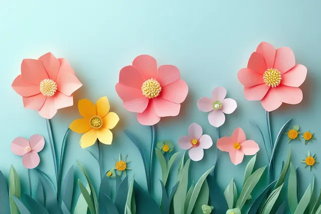 Colorful handmade paper spring flowers and leaves arranged on a pastel blue background.