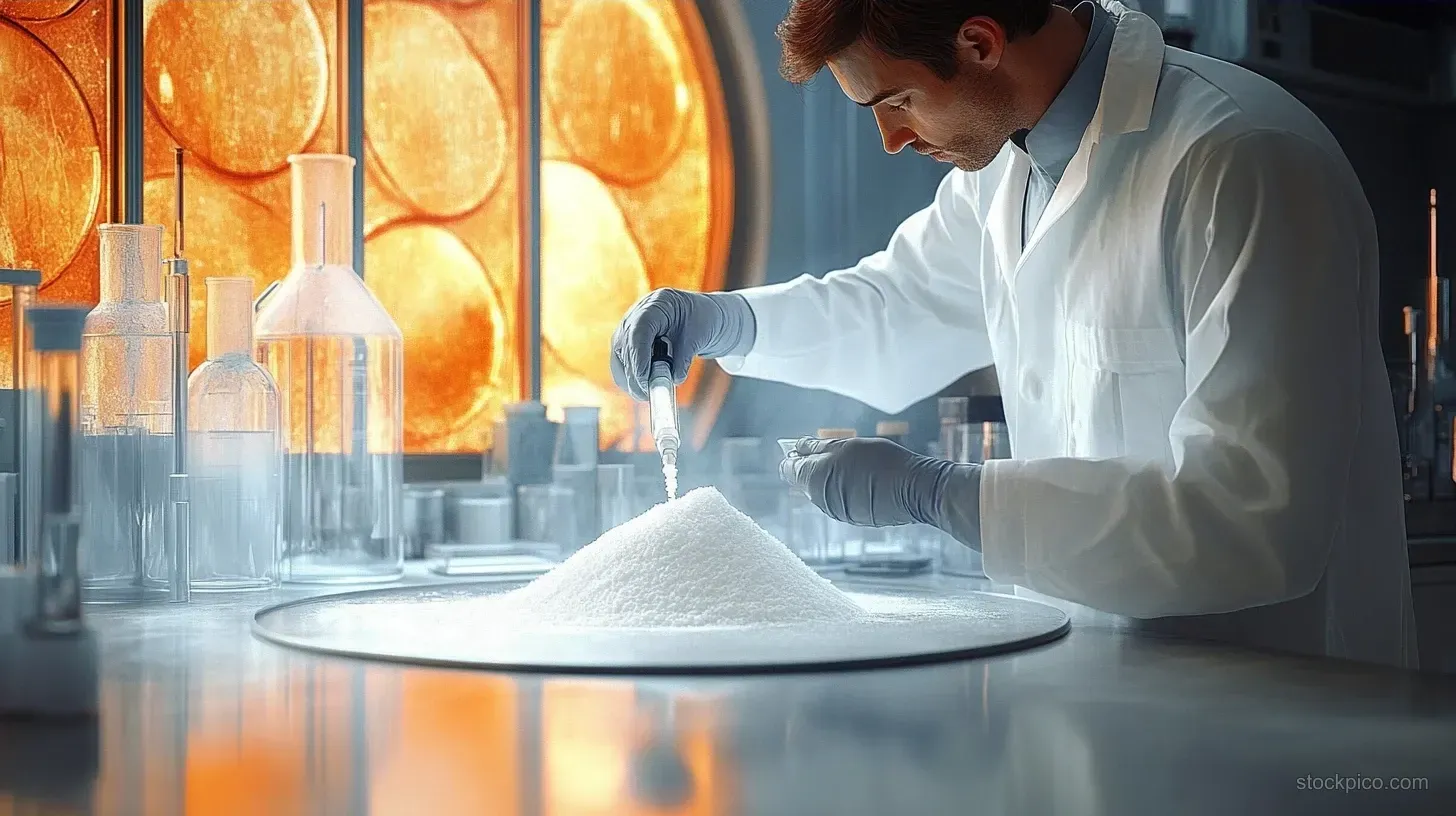 A scientist measures white powder on a lab bench beside glassware under glowing orange windows.