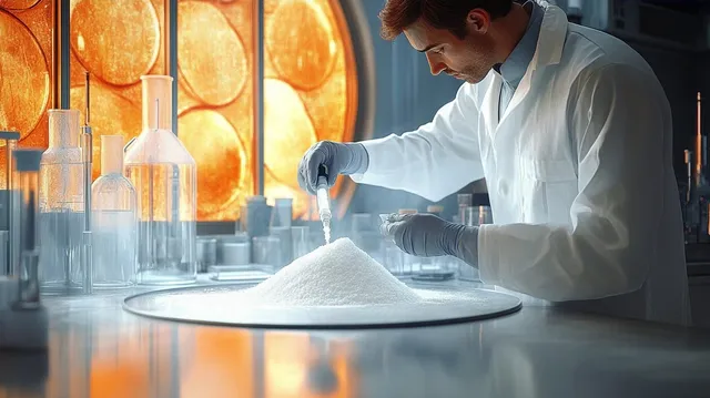 Scientist in lab coat measures white powder on bench beside glassware and glowing orange windows