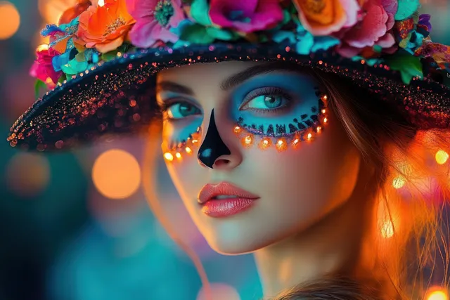 Young woman with Catrina makeup and colorful flower hat celebrates Día de los Muertos with glowing bokeh lights behind her.