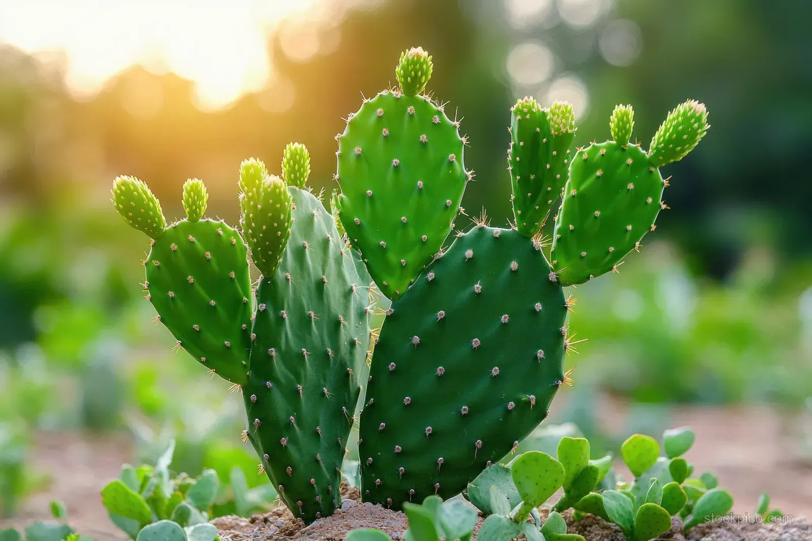 Green prickly pear cactus pads with small spines and new growth lit by golden-hour sunlight in an outdoor garden.