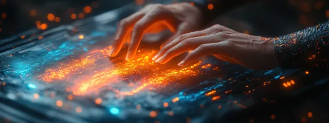 Neon-lit hands hover over glowing holographic interface panels with cyberpunk circuitry lights in the background.
