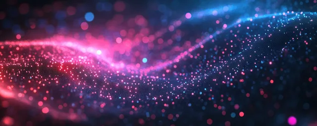 Neon pink and blue data streams arc across a dark network background with glowing encrypted nodes.