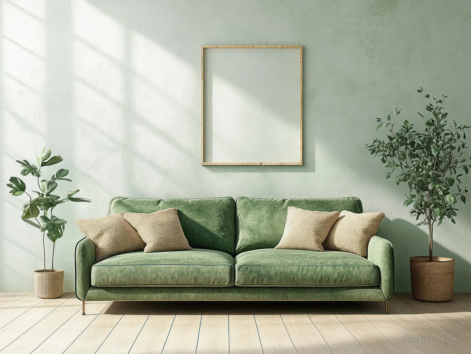 Minimalist living room with a green sofa, wooden framed mockup on the wall, and potted plants beside it.