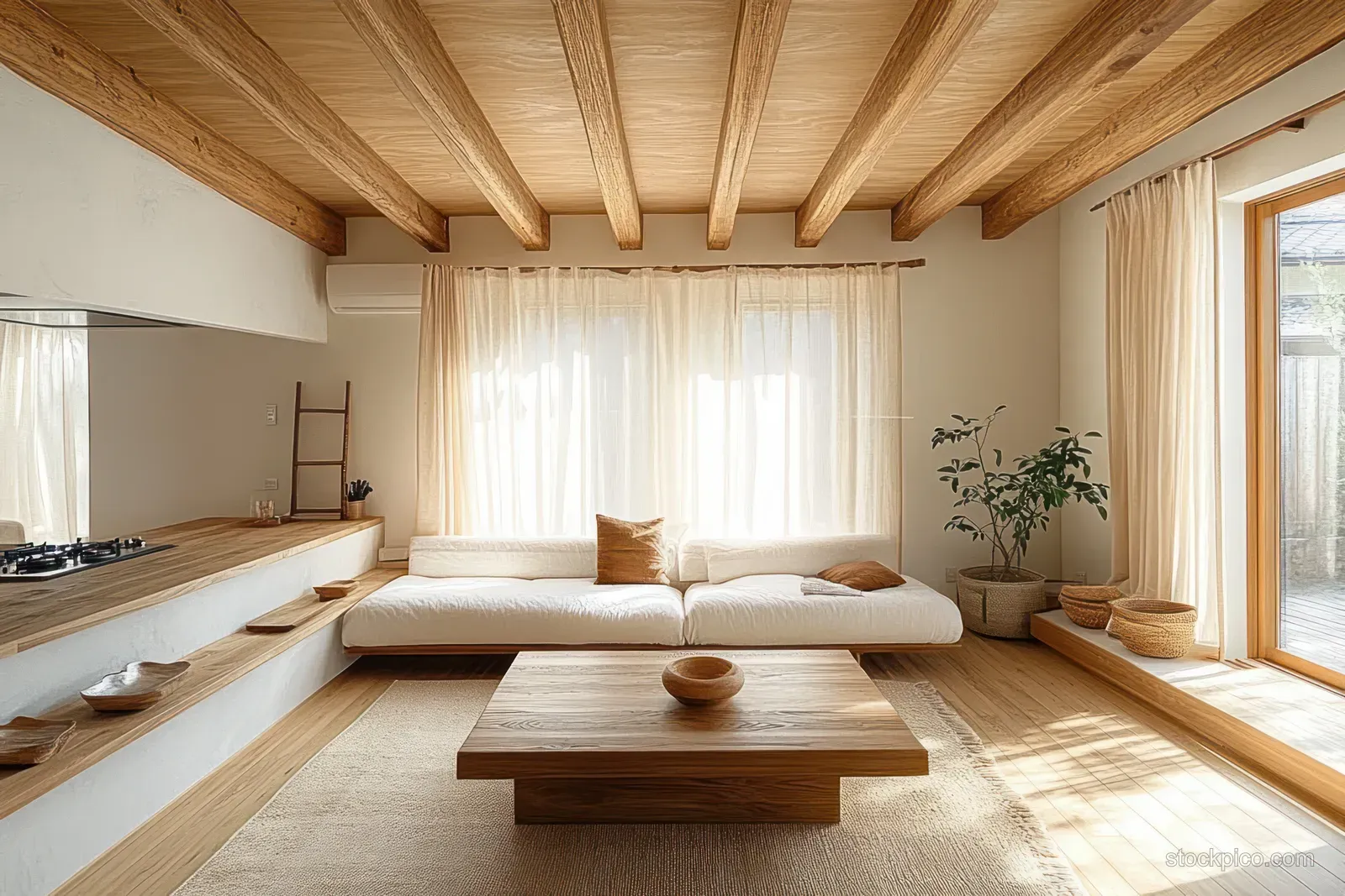 Minimalist living room with exposed wooden beams, sheer curtains, and a sofa facing a simple coffee table.
