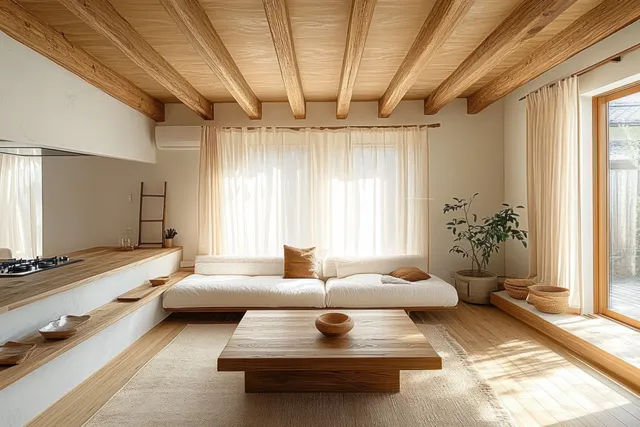 Minimalist living room with exposed wooden beams, sheer curtains, and a sofa facing a simple coffee table.