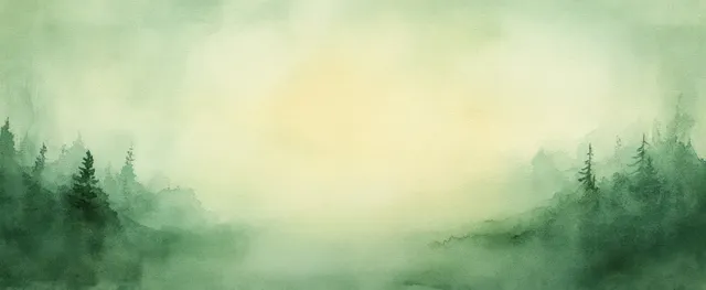 Watercolor foggy landscape with soft green trees fading into misted pastel horizon