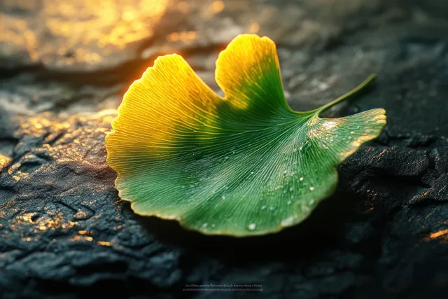 A ginkgo leaf rests on rustic dark wood under dramatic warm chiaroscuro lighting.