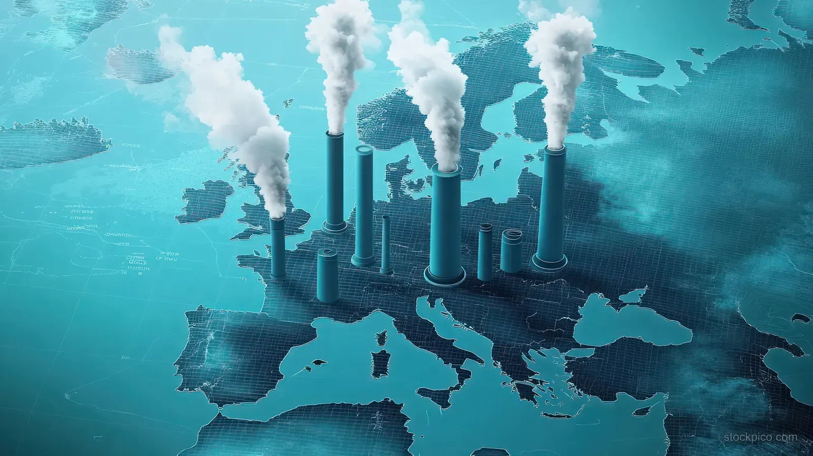Power plant smokestacks emit smoke over a Europe map with teal climate visualization.