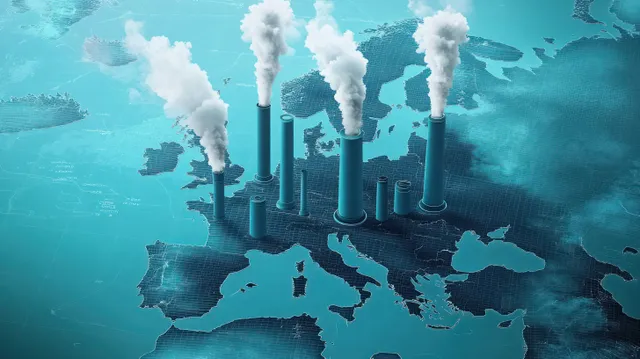 Power plant smokestacks emit smoke over a Europe map with teal climate visualization.