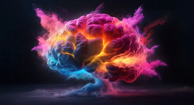 A glowing surreal brain explodes into neon smoke clouds of blue, pink, and orange on a dark background.