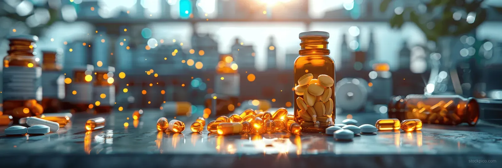 Amber pill bottles on a lab table with scattered capsules and blurred lights in the background.