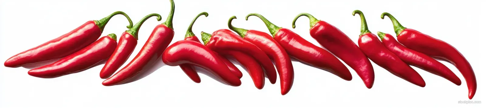 A row of glossy red chili peppers with green stems arranged side by side on a white background.