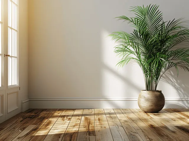 Empty modern room interior with concrete wall, wooden floor, and potted plant in sunlight