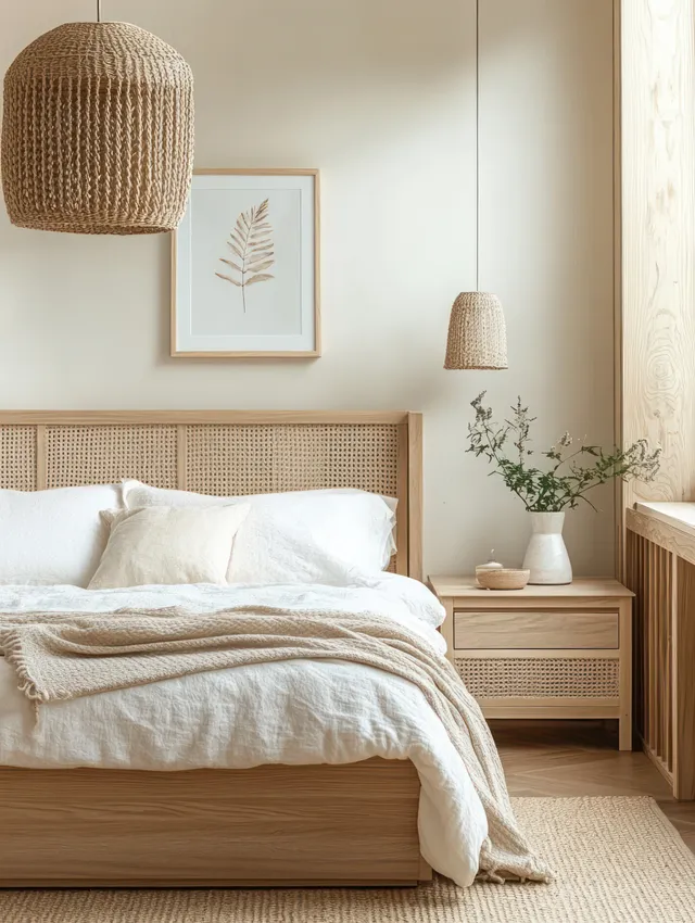 Minimalist bedroom with a wooden bed, woven pendant lamps, neutral decor, and soft daylight.