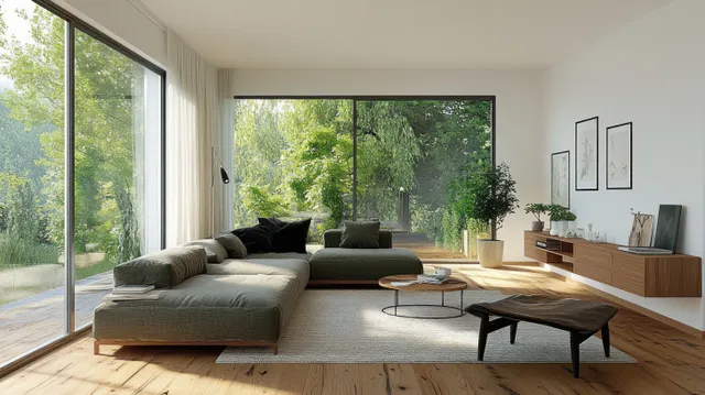 Spacious modern living room with sectional sofa and floor-to-ceiling windows framing lush green trees