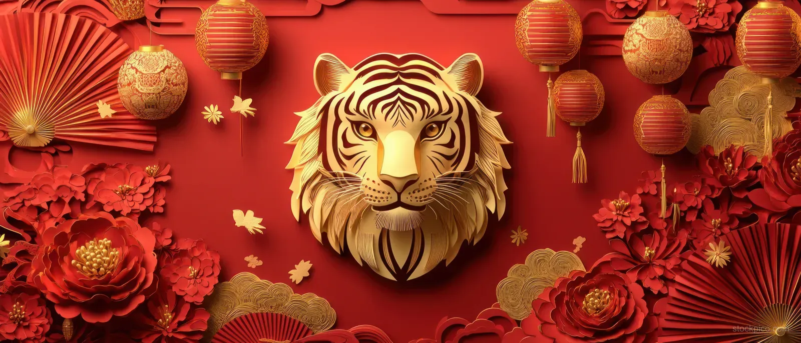 Red Chinese New Year paper-cut background with hanging lanterns, floral rosettes, and a central ornament frame.