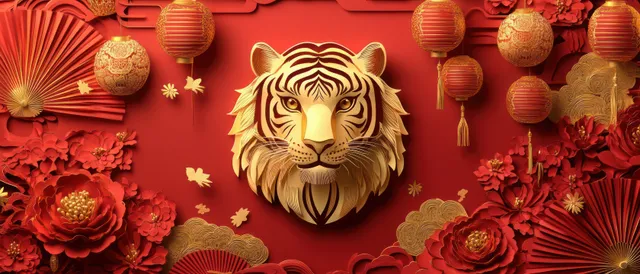 Red Chinese New Year paper-cut background with hanging lanterns, floral rosettes, and a central ornament frame.