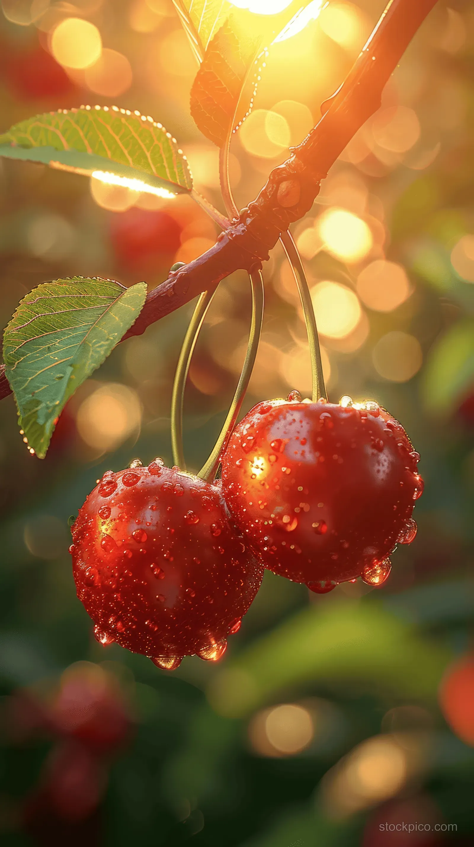 Two ripe red cherries hang from a branch with green leaves in warm sunlight.