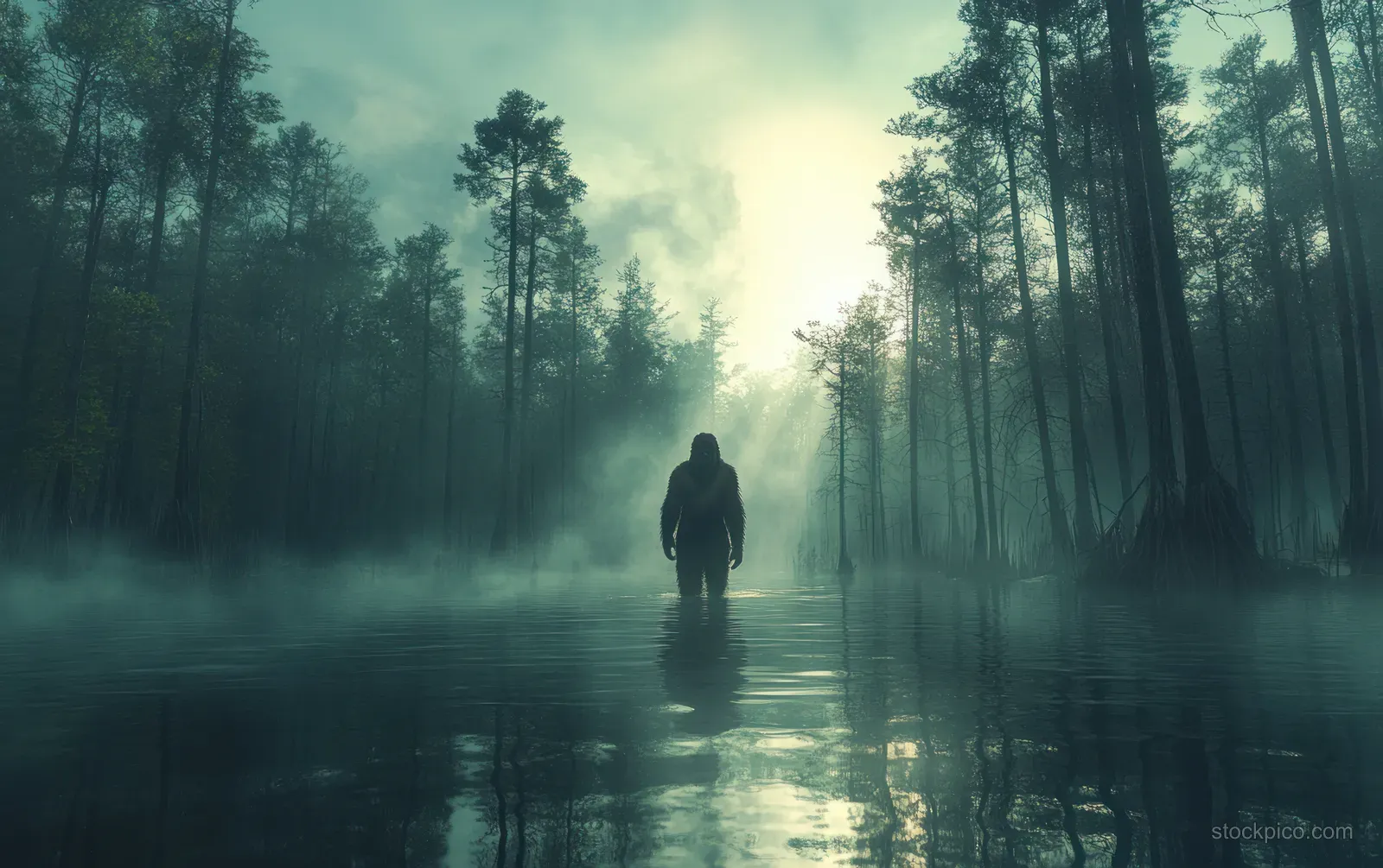 A dark, hairy swamp cryptid walks through misty bayou water beneath tall trees at sunrise.
