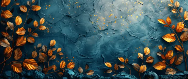 Golden autumn leaves float over a textured navy blue watercolor wash background.
