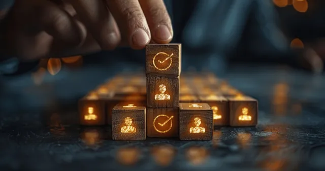 Hand stacking wooden blocks toward checkmarked talent icons for workforce planning