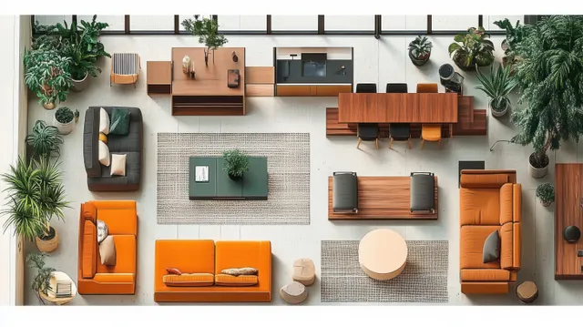 Overhead view of a minimal living room layout with orange seating, central rug, and potted plants.