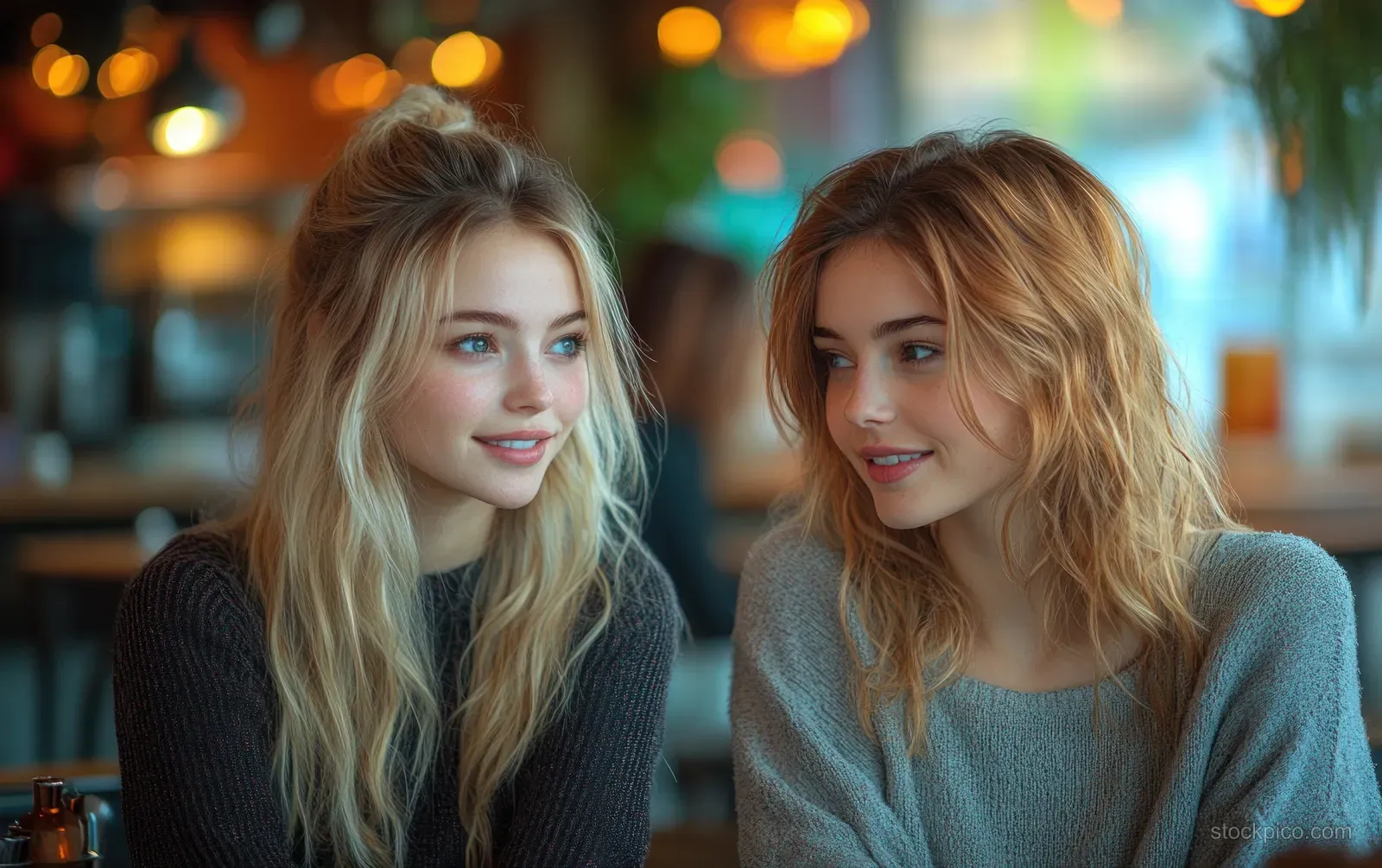 Two university students chat at a campus cafe table with warm bokeh lights behind them.