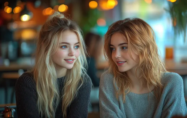 Two university students chat at a campus cafe table with warm bokeh lights behind them.