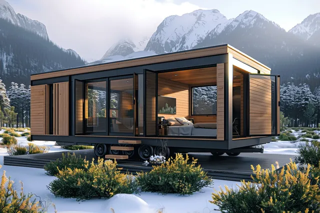 A tiny wooden home on wheels with large windows sits in a snowy mountain valley.