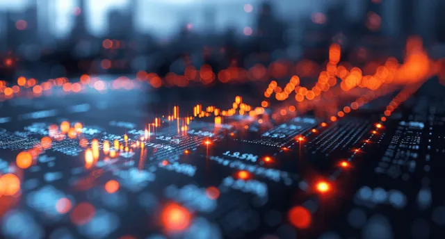 Glowing candlestick and trend charts with orange data points hover over blurred night city lights.