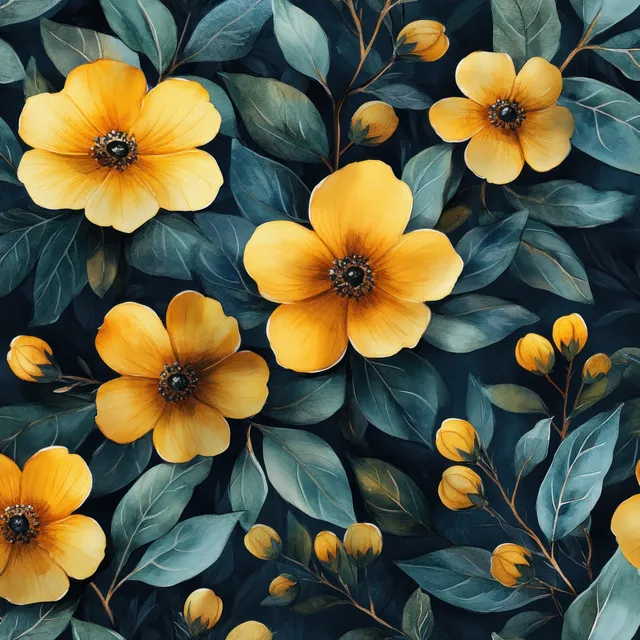 Watercolor floral seamless pattern of yellow blossoms and green leaves on dark blue with Fabric And Textile Patterns