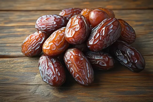 A pile of glossy dried dates with wrinkled skins sits on a rustic wooden surface.