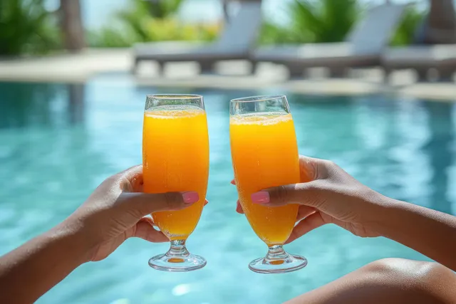 Two hands clink orange juice glasses beside a swimming pool under bright sunlight.