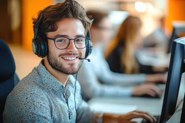 Smiling young man wearing headset and glasses working at computer in bright office