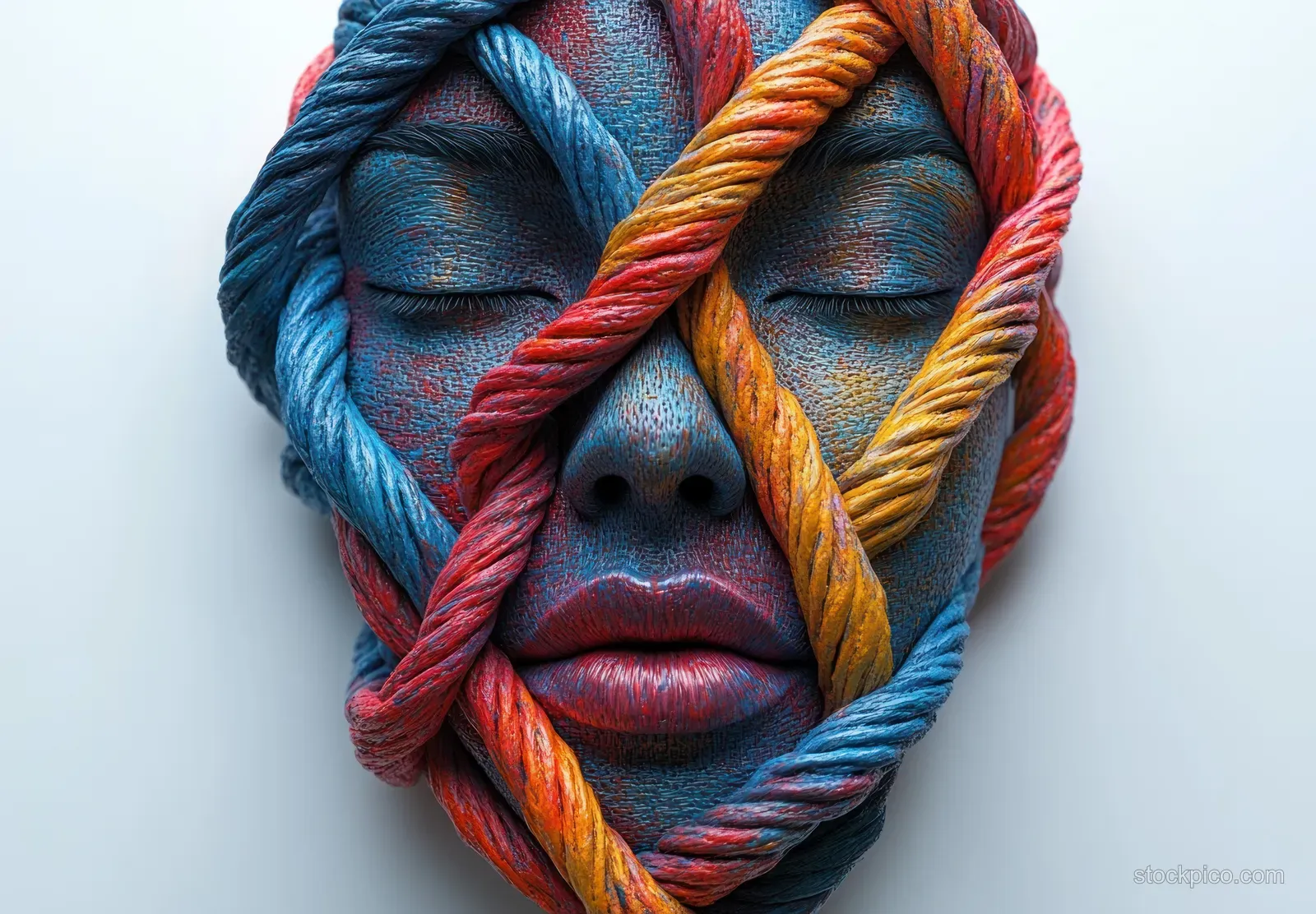 Close-up of a face bound with colorful ropes around the head, suggesting tied communication and mental health.