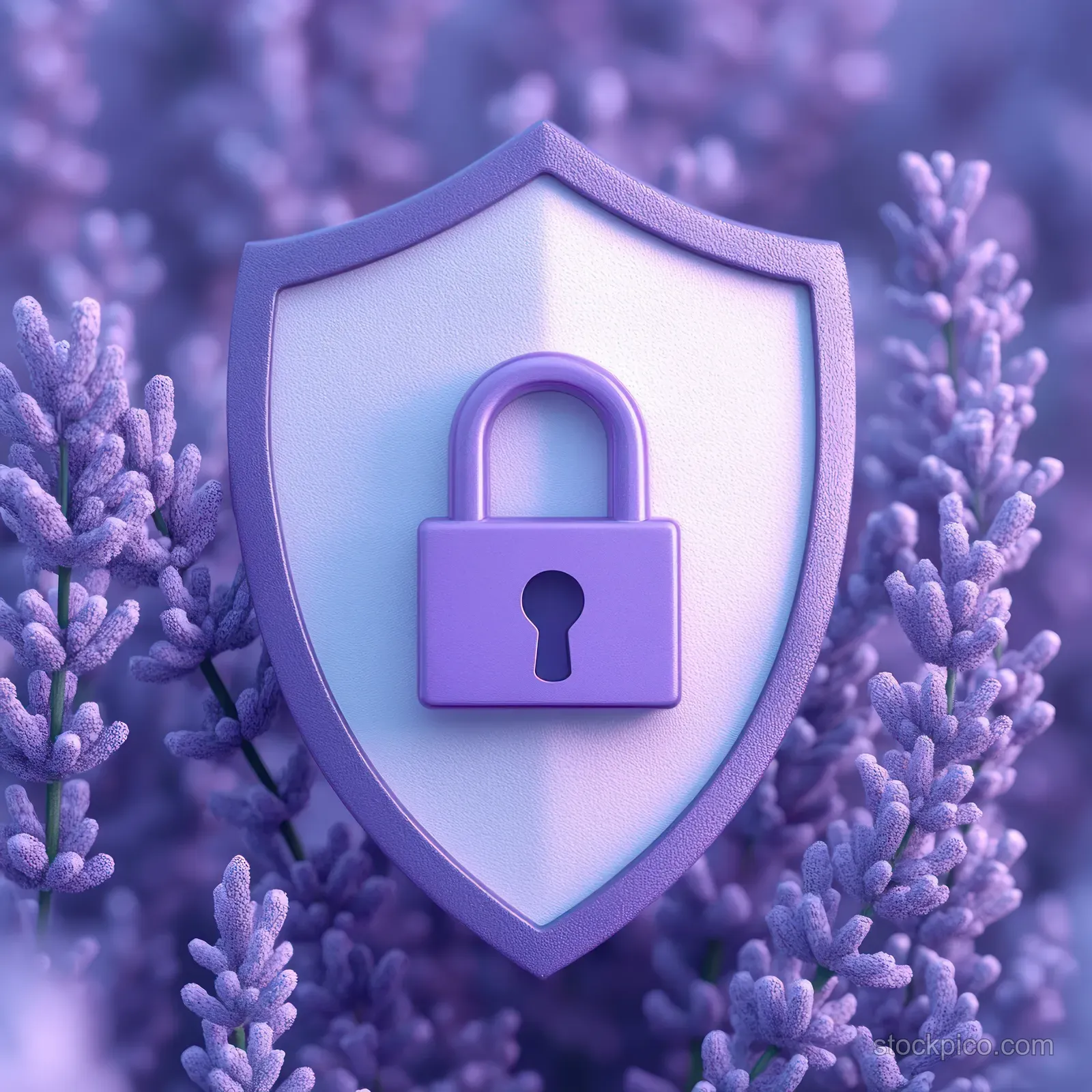 A purple floral shield emblem with a padlock symbolizes protection, safety, privacy, and trust in a serene natural setting.