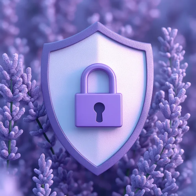 A purple floral shield emblem with a padlock symbolizes protection, safety, privacy, and trust in a serene natural setting.