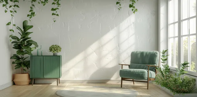 Green cabinet and teal armchair sit beside plants, with an empty white wall illuminated by window sunlight.