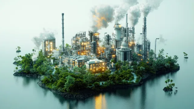 Industrial factory island at dusk, chimneys emitting steam and smoke through foggy air