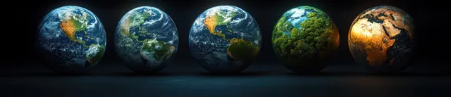 Multiple Earth globes on dark stage, rotating atmosphere glow and ocean detail